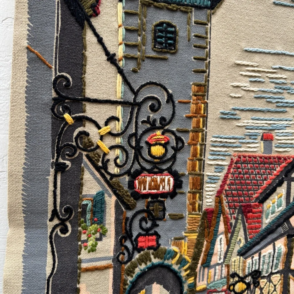 Vintage 1970s West Germany Wall Hanging Tapestry Linen Embroidered Village Paint